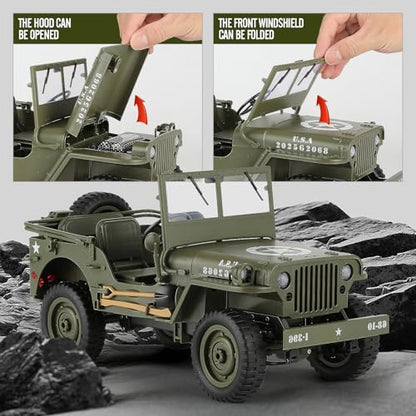 1/10 Scale RC Military SUV, Remote Control 4WD Off-Road Vehicle with Alloy Frame Chassis, Army Vehicle with Opening Hood and Folding Windshield, 2 Batteries - color: Rc Car +2 Battery