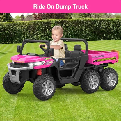 Hetoy 24V Ride on Dump Truck with Remote Control, Electric Dump Bed, Electric Utility Vehicles UTV 4WD Battery Powered 6 Wheeler Ride On Toys for Boys Girls (Pink) - color: Pink