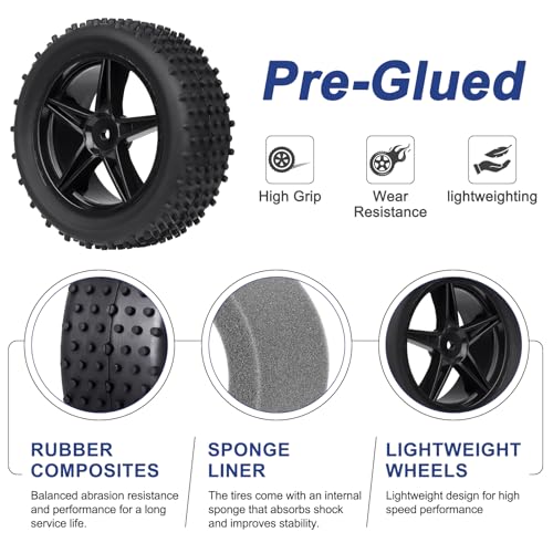 Preglued 1/10 Buggy Wheels and Tires Set 12mm Hex 3.35" / 85mm, Foam Inserts Replacement for RC Off-Road Car, Compatible with Traxxas, Arrma, Redcat, HSP, Losi, WLtoys 144001 4pcs (Color 02) - color: Color 02