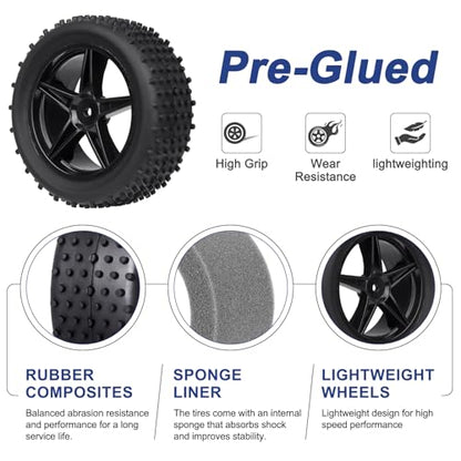 Preglued 1/10 Buggy Wheels and Tires Set 12mm Hex 3.35" / 85mm, Foam Inserts Replacement for RC Off-Road Car, Compatible with Traxxas, Arrma, Redcat, HSP, Losi, WLtoys 144001 4pcs (Color 02) - color: Color 02