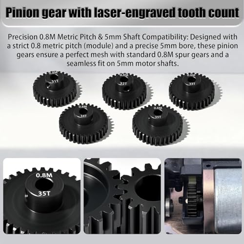 5Pcs 0.8M Hardened Steel Pinion Gear Set 5mm Shaft 31T 32T 33T 34T 35T Motor Pinion Gear with M4 Screw and Hex Key, for Arrma HPI Kyosho Losi Axial Traxxas Tamiya 1/10 RC Car and 540/550 Motors - size: 0.8M-5mm-31-35T