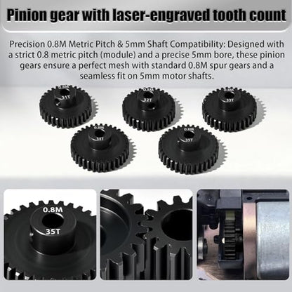 5Pcs 0.8M Hardened Steel Pinion Gear Set 5mm Shaft 31T 32T 33T 34T 35T Motor Pinion Gear with M4 Screw and Hex Key, for Arrma HPI Kyosho Losi Axial Traxxas Tamiya 1/10 RC Car and 540/550 Motors - size: 0.8M-5mm-31-35T