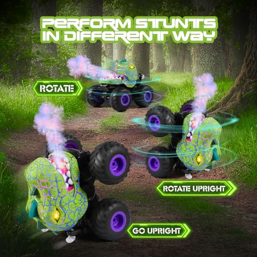 DYODYORC Remote Control Car, 2.4Ghz All Terrain Dinosaur Monster Truck Toys, RC Truck with Spay, Music, 3 Lighting Effects, Stunt Capable, Toy Gifts for Boys and Girls (Green Purple) - color: Green Purple