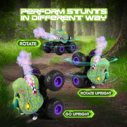 DYODYORC Remote Control Car, 2.4Ghz All Terrain Dinosaur Monster Truck Toys, RC Truck with Spay, Music, 3 Lighting Effects, Stunt Capable, Toy Gifts for Boys and Girls (Green Purple) - color: Green Purple