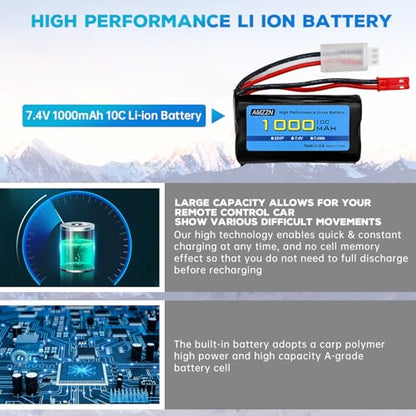 2PCS 7.4V 1000mAh 2S JST Plug Li-ion Battery with 2-in-1 Charger for RC Car,Stunt Flip Vehicle,Truck,Engineering Vehicle,RC Boat,Excavator,Toy Car Model,Off-Road Vehicle Battery