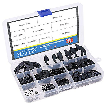 Glarks 328-Pieces 9 Size Black Alloy Steel E-Clip External Retaining Ring Washer Assortment Set
