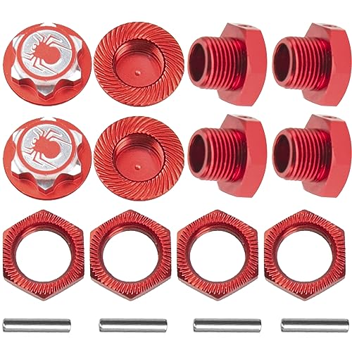 17mm Wheel Hex Cover Lock Anti-Skid Dust Nut & 17mm Wheel Hex Hubs Tires Adapter Compatible with Traxxas HPI HSP Losi Axial Kyosho Tamiya Redcat Himoto 1/8 RC Car (Red) - color: Red