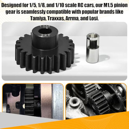 M1.5 22T Pinion Gear 8mm Bore with 8mm to 5mm Shaft Adapter Sleeve, Chromium Steel Motor Gear with Set Screw & Hex Key for Traxxas ARRMA Losi 1/5 1/8 RC Cars - size: 22T