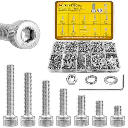 1260pcs M2 Screw Assortment kit, M2*4mm/6mm/8mm/10mm/12mm/16mm/20mm 304 Stainless Steel Hex Socket Head Cap Screw Bolts Nuts Flat & Lock Washer Set - size: SS M2 1260pcs