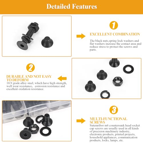 150 Pieces M6 Screws Nuts Washers Set Black, Sutemribor M6 x 8/10/12/16/20/25/30mm Countersunk Head Socket Cap Screws Nuts Washers Assortment Kit, 10.9 Grade Alloy Steel, Fully Threaded - size: M6, style: Countersunk Head Socket Cap