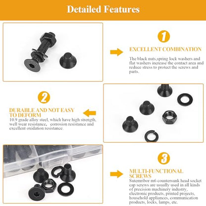 150 Pieces M6 Screws Nuts Washers Set Black, Sutemribor M6 x 8/10/12/16/20/25/30mm Countersunk Head Socket Cap Screws Nuts Washers Assortment Kit, 10.9 Grade Alloy Steel, Fully Threaded - size: M6, style: Countersunk Head Socket Cap