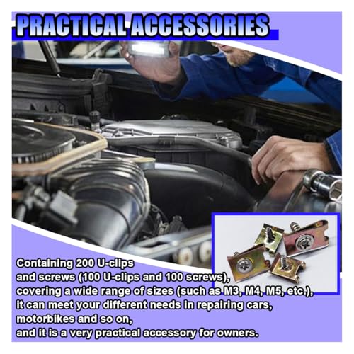 200PCS Car U‑Clips with Screw Assortment Kit, 6/8/10/12 Vehicle U Nuts and 4 Sizes Screws Clip, Automotive Interior Dash Fastener Replacement Set for Door Trim Panel Bumper