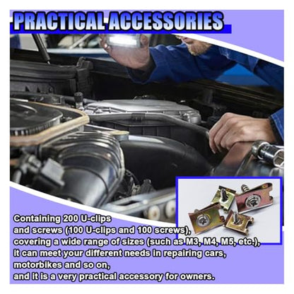 200PCS Car U‑Clips with Screw Assortment Kit, 6/8/10/12 Vehicle U Nuts and 4 Sizes Screws Clip, Automotive Interior Dash Fastener Replacement Set for Door Trim Panel Bumper