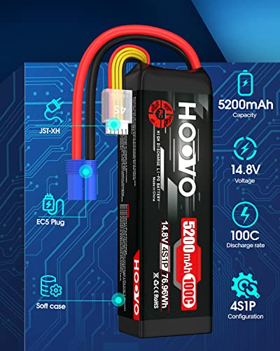 HOOVO 14.8V 100C 5200mAh 4S Lipo Battery with EC5 Connector SoftCase 2 Pack | for RC Car Truck Truggy Buggy Tank RC Airplane Helicopter Boat Car Racing