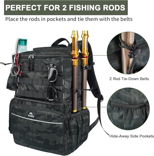 MATEIN Fishing Backpack, Tackle Storage Bag with Rod Holders & Cooler | Water Resistant Fishing Bag Fits 4 3600 Trays, Large Wide Open Tackle Box Backpack, Gifts for Fishermen - color: Camouflage - Large