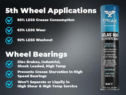 TRIAX Atlas 600 - Full Synthetic Grease - Ultra Duty - All 5th Wheel, Bearings, Joints, Pivots, Bolts - Super Adhesive - Marine - Wide Temp Range -40 F to 450 F - 14 oz Tube (1 Tube) - size: 1 Tube