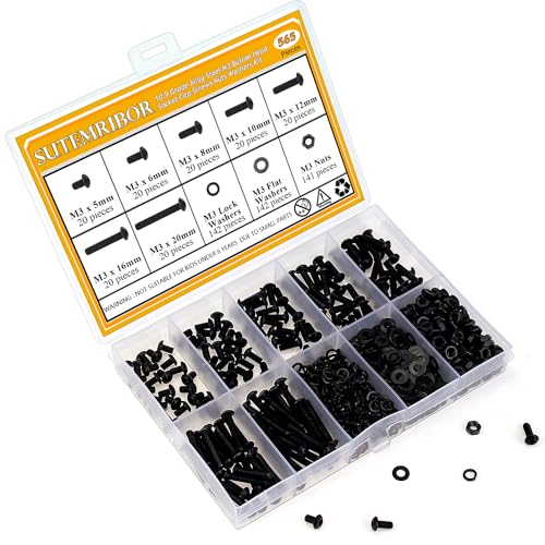 565 Pieces M3 Screws Nuts Washers Set Black, Sutemribor M3 x 5/6/8/10/12/16/20mm Button Head Socket Cap Screws Nuts Washers Assortment Kit, 10.9 Grade Alloy Steel, Fully Threaded - size: M3, style: Button Head Socket Cap