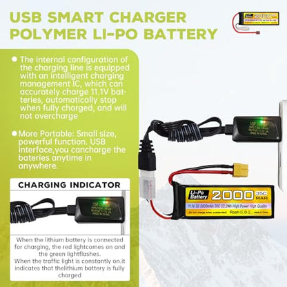 sea jump 3S Lipo Battery 11.1V 2000mAh 35C with T Plug and USB Charging Cable Suitable for RC Car Truck Boat， RC Quadcopter Aircraft, FPV Drone Battery