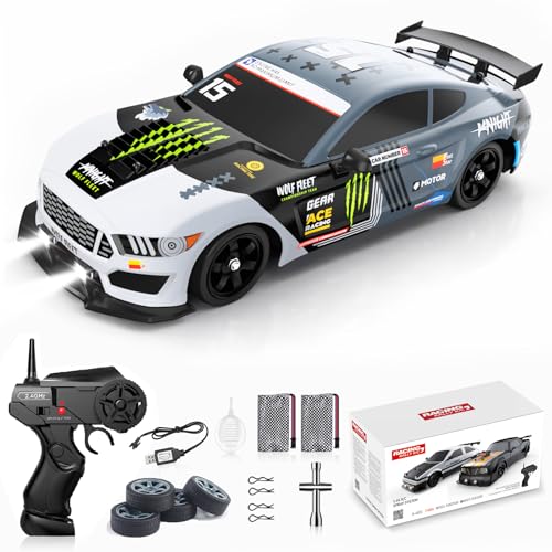 Remote Control Car RC Drift Car 1:16 Scale 4WD 18KM/H High Speed Model Vehicle 2.4GHz with LED Lights Spray Rubber Tire Racing Sport Toy for Adults Boys Girls Kids Gift 2Pcs Rechargeable Batteries - color: E-grey
