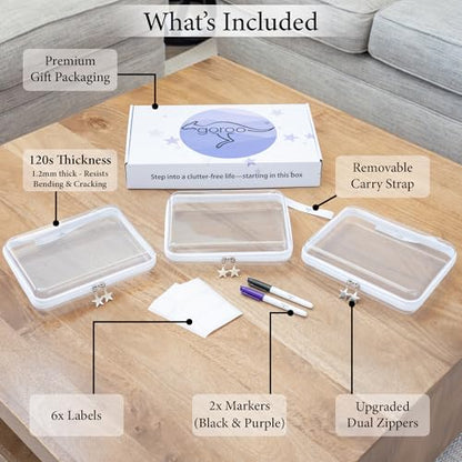 Clear Hard Shell Zipper Case Set (3 Medium), 120s Thick PET Plastic Storage Bags, Dual Zipper Travel Organizer with Star Charms, Removable Strap, Removable Labels & 2 Markers - size: 3 Medium