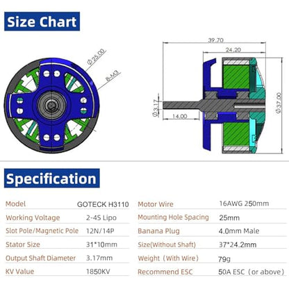 GOTECK H3110 Brushless Motor 1850KV Outrunner Motor2-4S Outer Rotor Brushless Motor for RC Rock Crawler 1/8 1/10 Scale Axial SCX10 Truck Off-Road Car