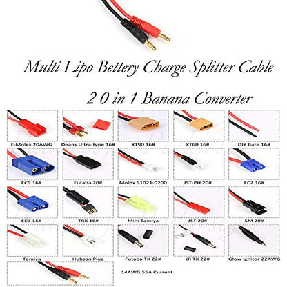 RC Lipo Battery Charger Adapter with Multi Plug Squid Charger Adapter to 4.0mm Banana Bullet Connector for TRX, Tamiya, EC3, JST, Futaba, XT60, T- Dean (20 in 1)