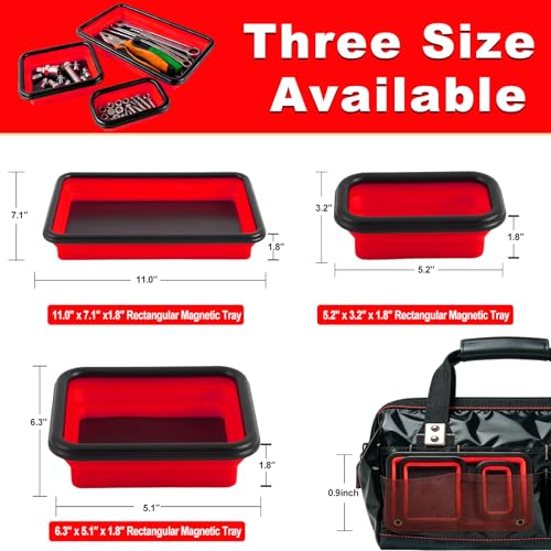 Collapsible Magnetic Parts Tray Set, 3 Different Sizes，Red | 3 Different Sizes, Extra Strong Magnet Up to 18LB, Silicone Foldable - color: Red