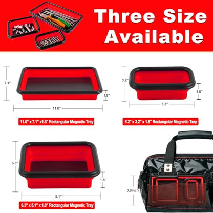 Collapsible Magnetic Parts Tray Set, 3 Different Sizes，Red | 3 Different Sizes, Extra Strong Magnet Up to 18LB, Silicone Foldable - color: Red