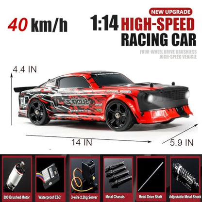 WPLDEWAN RC Drift Car with Gyro 1/14 Hobby RC Car Off Road Fast | Remote Control Truck Drifting 4WD High Speed 40 KM/H 390 Motor Gyroscope Full Proportional Metal Chassis Ball Bearing