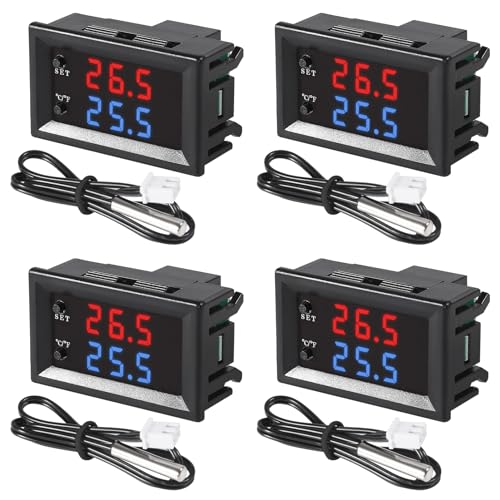 4pcs DC 12V Electronic Temperature Controller Programmable -50 to 110 ℃ Heating/Cooling Thermostat Control Switch Module NTC Waterproof Sensor Probe Dual Color LED Display Monitor