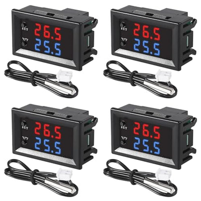 4pcs DC 12V Electronic Temperature Controller Programmable -50 to 110 ℃ Heating/Cooling Thermostat Control Switch Module NTC Waterproof Sensor Probe Dual Color LED Display Monitor