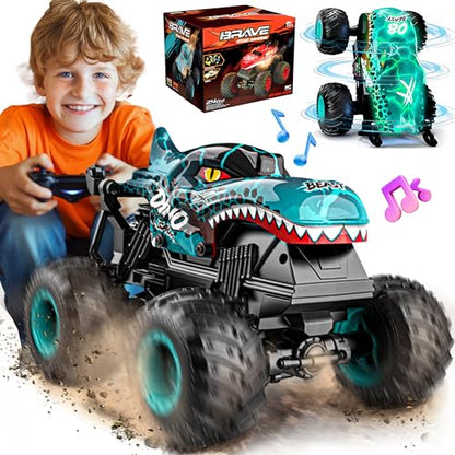 BEZGAR Monster Truck Toys, 1:20 Remote Control Car with Light & Music | Blue Dinosaur Toys for Kids, RC Truck with 360° Spins and Drifting, Toy Car Gifts for Boys, Battery Life of 20 Minutes - color: Blue