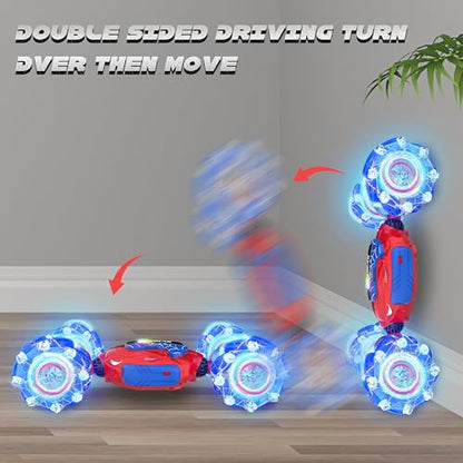 Gesture Sensing RC Stunt Car, Hand Controlled Remote Control Twist Cars | 4WD Remote Control Car with Lights, Music & Spinning Stunt, Birthday Toy Gift for Kids Boys Girls Age 6 7 8 9 10 11 12 - color: Red Blue