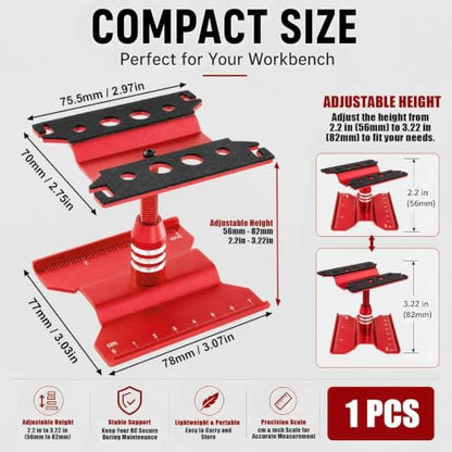 RC Car Repair Stand for 1/18 1/24 RC Cars, Aluminum Rotating Lift | Aluminum alloy, 360 degree rotating lift with magnetic pad, scale ruler, shock holes and anti-slip feet - color: Red
