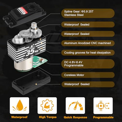 HobbyPark Waterproof RC Servo High Torque Coreless Motor Metal Gear Digital Servo for 1/8 1/10 RC Crawler SCX10 TRX4 RC Truck Short Course RC Car Buggy RC Basher Bashing (35kg Torque)