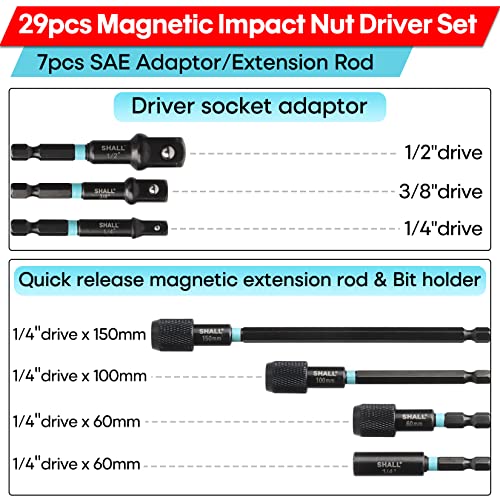 SHALL 29PCS Magnetic Nut Driver Set, Impact Drill Driver Bit 1/4" Hex Shank, SAE & Metric Cr-V Steel Power Nut Drivers with Quick-release Extensions, Impact Socket Adapters, Bit Holder and Storage Bag - size: Variety Pack
