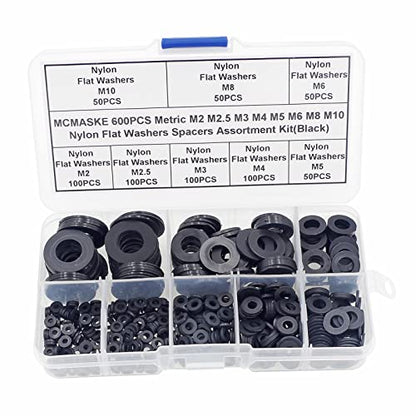 600PCS Metric M2 M2.5 M3 M4 M5 M6 M8 M10 Nylon Flat Washers Spacers Plastic Washers Assortment Kit (Black) - color: Black