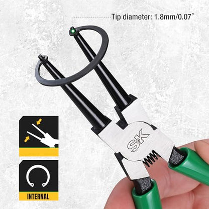 SK 7-Inch Snap Ring Pliers, Internal Circlip Pliers with Straight Jaw | Tip Diameter 0.07'', Premium CR-V Steel, Polished & Black Finished Tip, Spring-Loaded, Anti-Slip Grip - style: Internal Straight