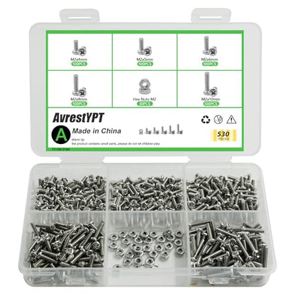 530Pcs 304 Stainless Steel Metric Micro Screws Nuts Assortment, M2x4/5/6/8/10mm Sizes, Phillips Pan Head, Fully Threaded Kit for Arduino, RC Models, Electronics, DIY Projects - size: M2x4/5/6/8/10-530Pcs