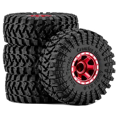 1.0" Beadlock Aluminum Wheels and 63mm Soft Rubber Tires | for SCX24, TRX4M, Ascent 18, FCX24, 1/18 1/24 RC Crawler, 7mm Hex, 0mm Offset, with Foam Inserts, (Red 345) - color: Red 345