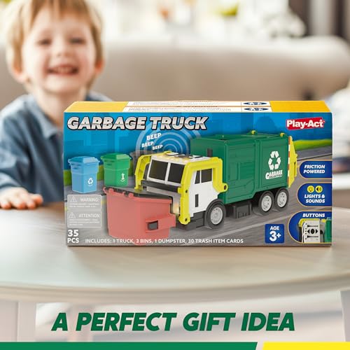 JOYIN Large Friction Powered Garbage Truck Toy Set, Includes 1 Dumpster, 3 Trash Bins, and 30 Learning Cards for Kids, Boy Toys Birthday Gift, Green - color: Green