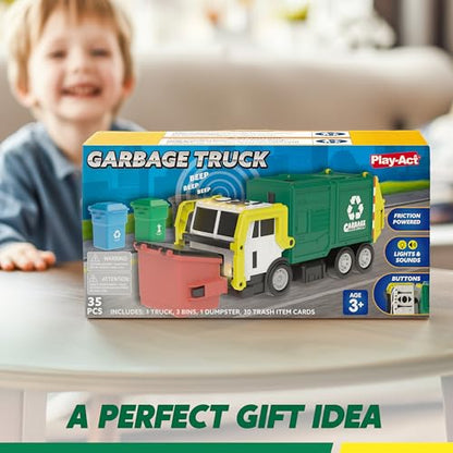 JOYIN Large Friction Powered Garbage Truck Toy Set, Includes 1 Dumpster, 3 Trash Bins, and 30 Learning Cards for Kids, Boy Toys Birthday Gift, Green - color: Green