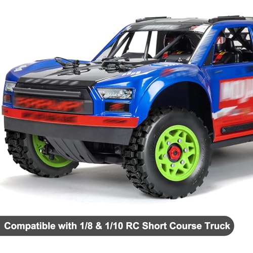 LRFHL 1/10 RC Short Course Truck Tires with 12mm 14mm 17mm Hex, 4PCS | Pre-Glued, RC Off-Road Short Truck Tires, for 1/8 1/10 Arrma Senton Traxxas Slash 2WD Axial Losi Redcat - color: Black Tires+ Green Wheels
