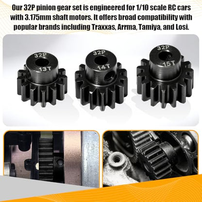 3PCS 32P Pinion Gear #45 Hardened Steel 3.175mm - 13T 14T 15T 0.8M Motor Pinion Gear Set for 1/10 RC Car, Compatible with Traxxas Arrma Tamiya Losi Brushless Brushed Motor Upgrade Parts - size: 13 14 15T