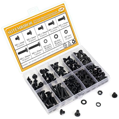 245 Pieces M5 Screws Nuts Washers Set Black, Sutemribor M5 x 6/8/10/12/16/20/25mm Countersunk Head Socket Cap Screws Nuts Washers Assortment Kit, 10.9 Grade Alloy Steel, Fully Threaded - size: M5, style: Countersunk Head Socket Cap