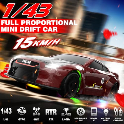 1/43 RC Drift Car, Mini Drifting RC Car with Gyro 2.4GHz Full Proportional Drift Cars 4WD RTR Remote Control Cars with Colorful Lights High Speed Fast Racing Vehicle Gift for Kids Boys Adults - color: Red+bk