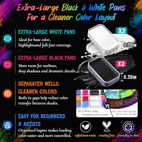 BOBISUKA 18 Color Water-Activated Cream Face Paint Palette, Washable Face & Body Painting Kit with Extra Black & White Pans and Brushes for Halloween, Cosplay, Carnival, SFX & Costume Makeup