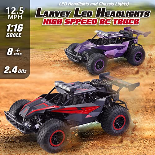 1:16 Scale Remote Control Car, 20 Km/h High Speed Remote Control Truck Off Road RC Monster Vehicle with LED Headlights and Chassis Lights, Electric Toy for Boys Kids and Adults - color: Crimson Thunder