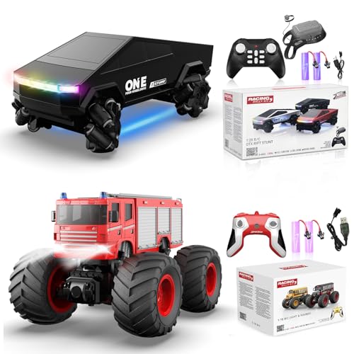 1/28 Gesture Sensing RC Stunt Car for 6-12+ Boys Girls, Seven Light Modes Cool RC Cars & 1/18 Remote Control Fire Truck Toy for Kids, 2.4GHz All Terrain RC Car with LED Lights & Sound