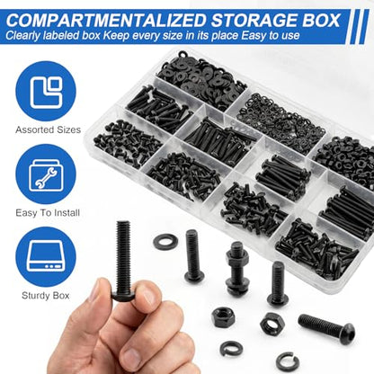288Pcs UIETUIL M5 Hex Socket Button Head Screws Kit, M5x8-35mm, 10.9 | Machine Screws, M5x8/10/12/16/20/25/30/35mm, With Nuts & Washers, 10.9 Grade Alloy Steel Black Zinc Plated For 3D Printing - size: M5 Button 10.9 - 288PCS